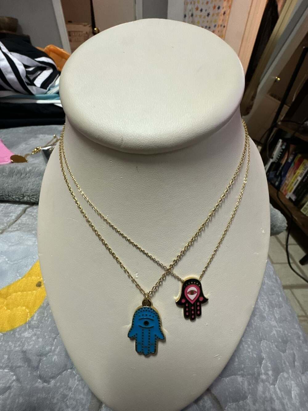 Gold Tone Double Layer Enamel Hamsa Hand Pendant Necklace (2 piece)